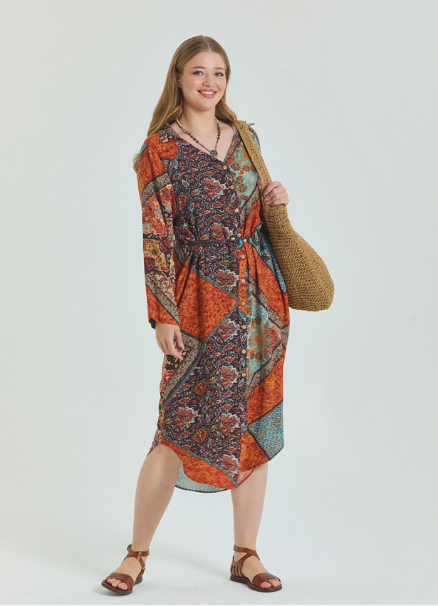 Shirt Collar Belt Detailed Coffee Patterned Casual Plus Size Dress 4614